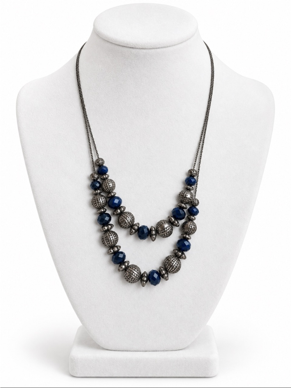 Navy Blue Faceted Bead & Antique Silver-Tone Layered Necklace